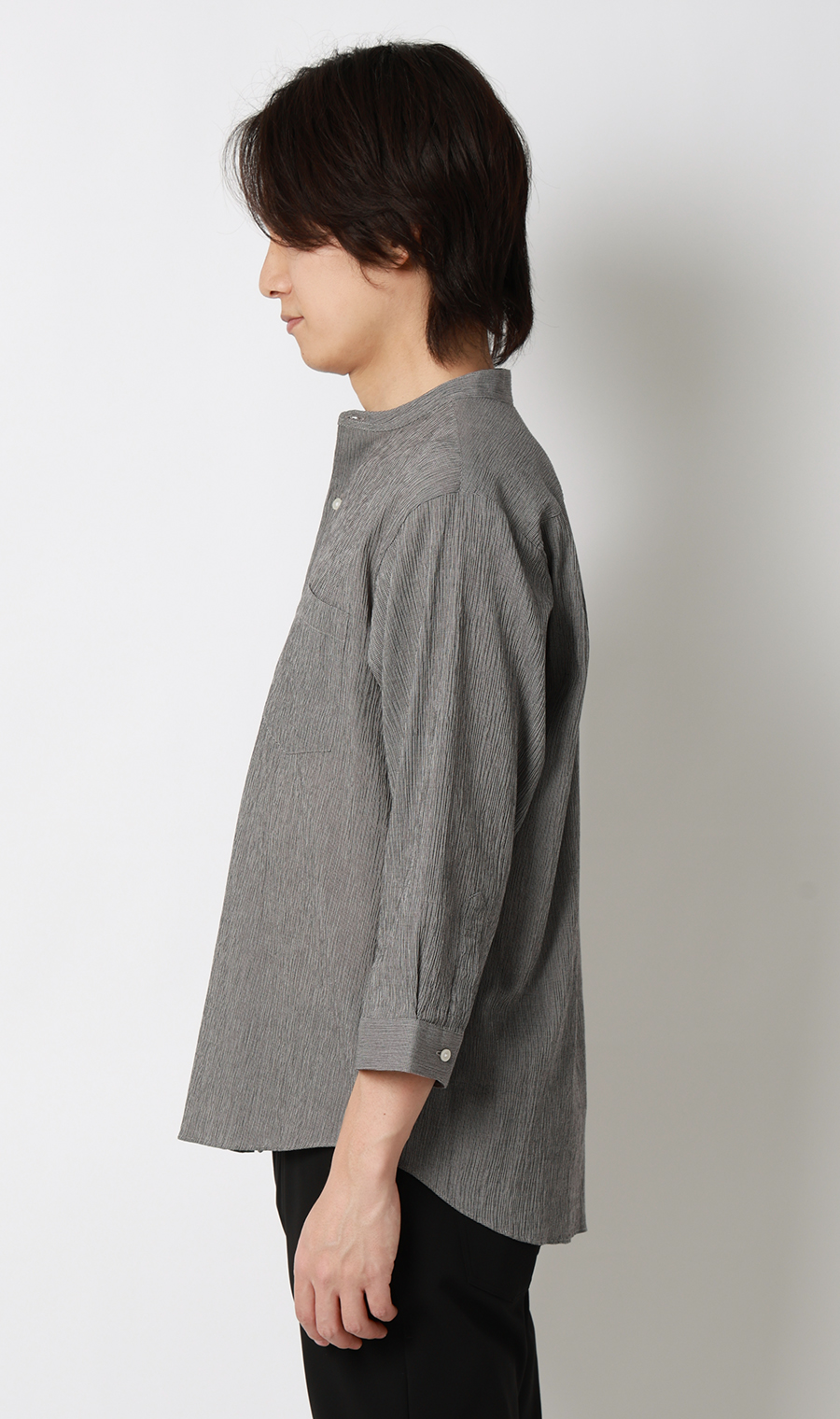 綿クレープスタンドカラーシャツ【7分袖】 チャコール S