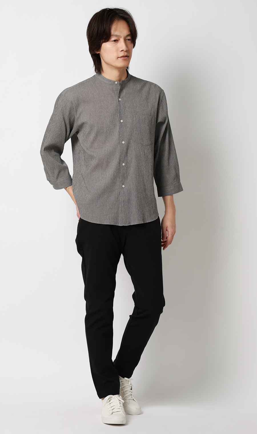 綿クレープスタンドカラーシャツ【7分袖】 チャコール S