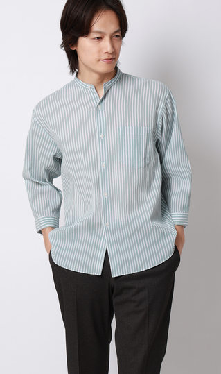 綿クレープスタンドカラーシャツ【7分袖】