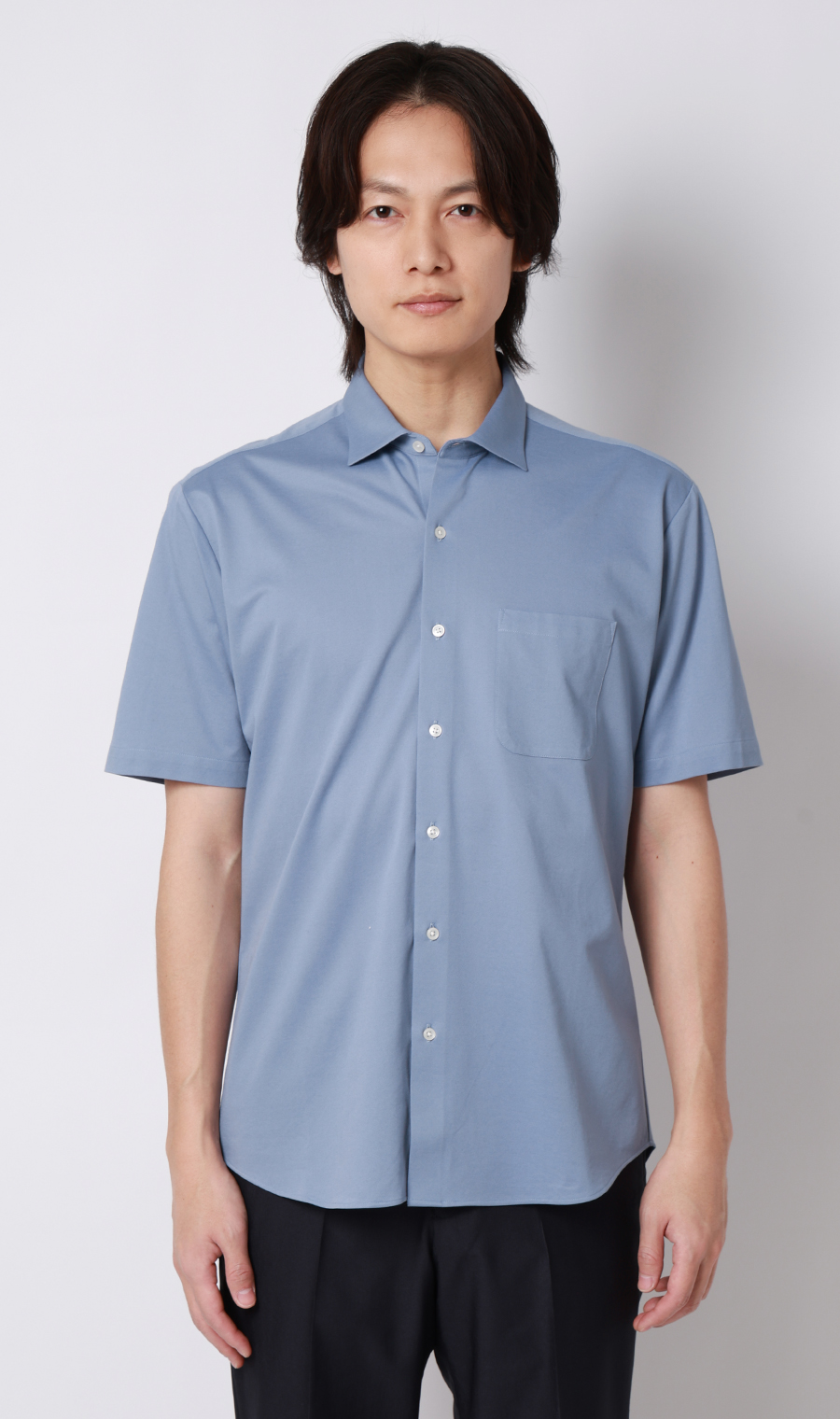 ワイドカラーニットシャツ【半袖】【ALTIMA premium】 ブルー M