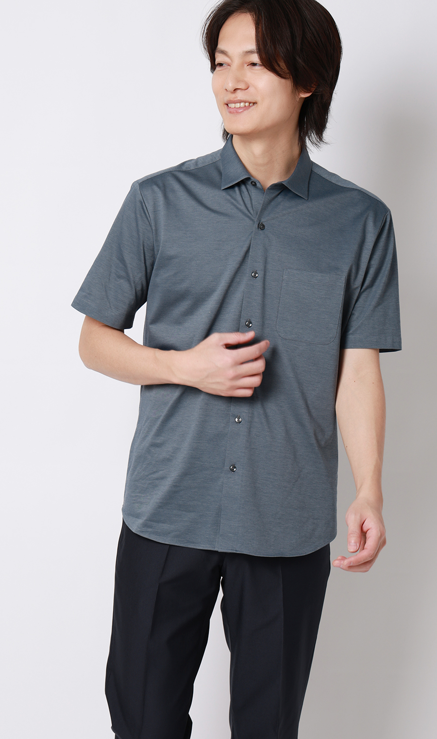 ワイドカラーニットシャツ【半袖】【ALTIMA premium】 ネイビー M