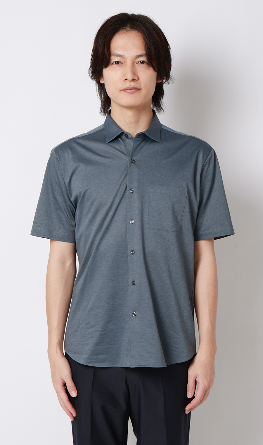 ワイドカラーニットシャツ【半袖】【ALTIMA premium】 ネイビー M