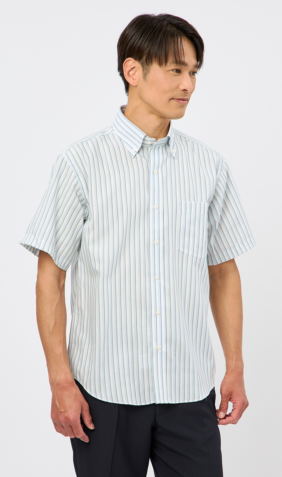 ボタンダウンストライプシャツ【SUPER EASY IRON】 ブルー M