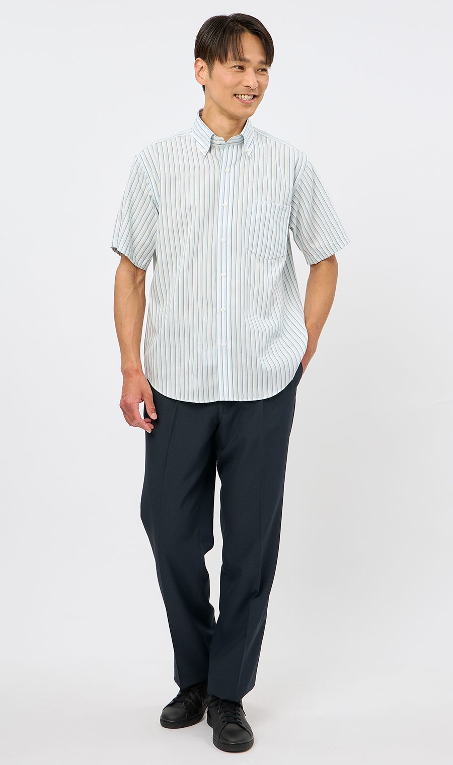 ボタンダウンストライプシャツ【SUPER EASY IRON】 ブルー M