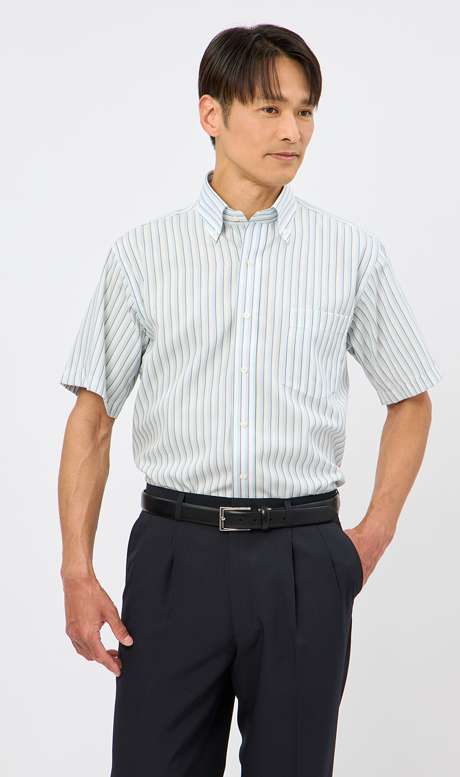 ボタンダウンストライプシャツ【SUPER EASY IRON】 ブルー M