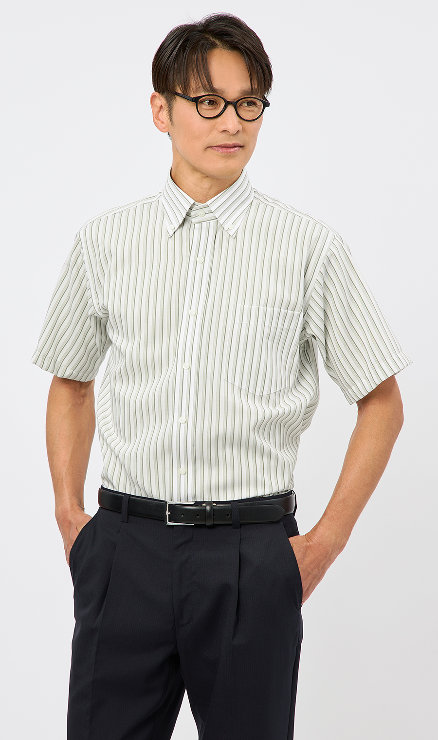 ボタンダウンストライプシャツ【SUPER EASY IRON】 グリーン M