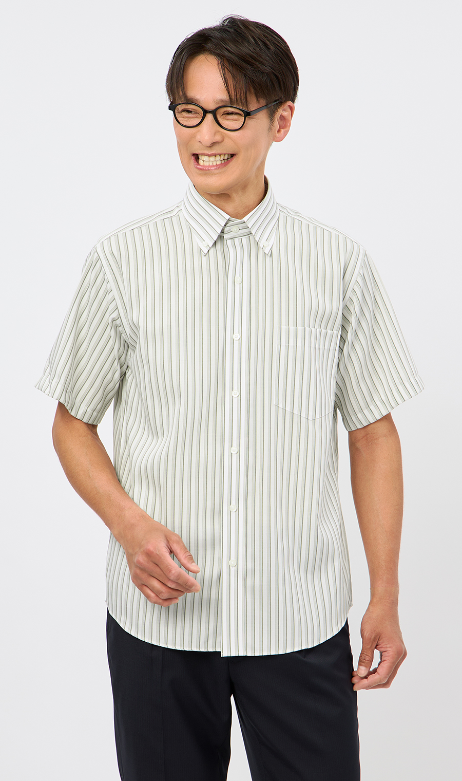 ボタンダウンストライプシャツ【SUPER EASY IRON】 グリーン M