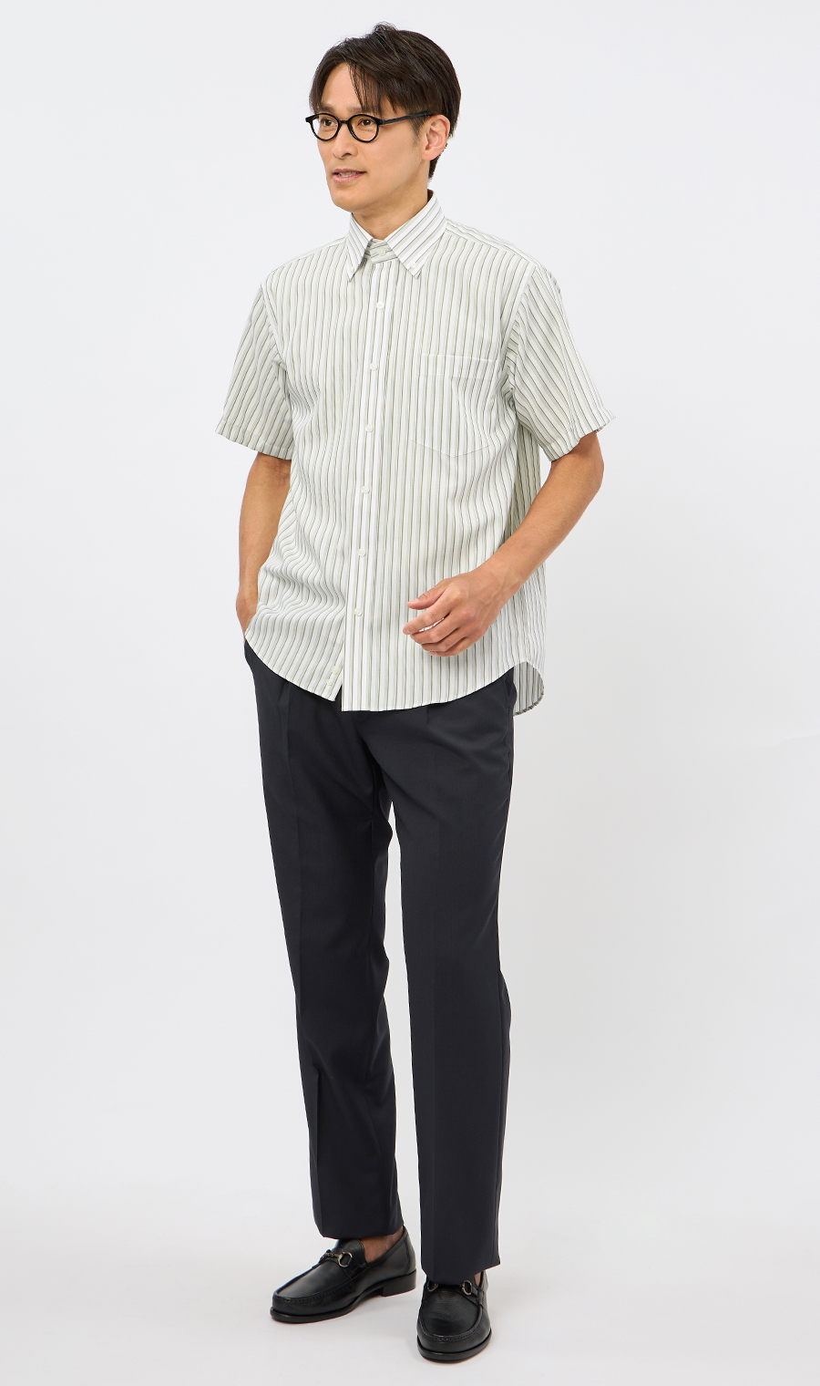 ボタンダウンストライプシャツ【SUPER EASY IRON】 グリーン M