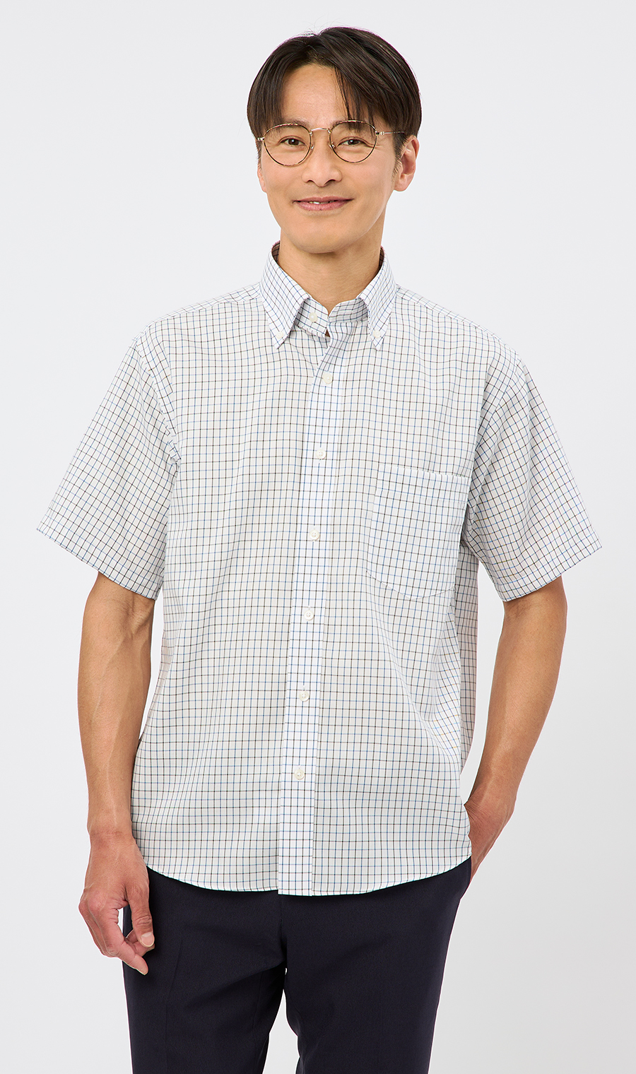 ボタンダウンチェックシャツ【SUPER EASY IRON】 ブルー M