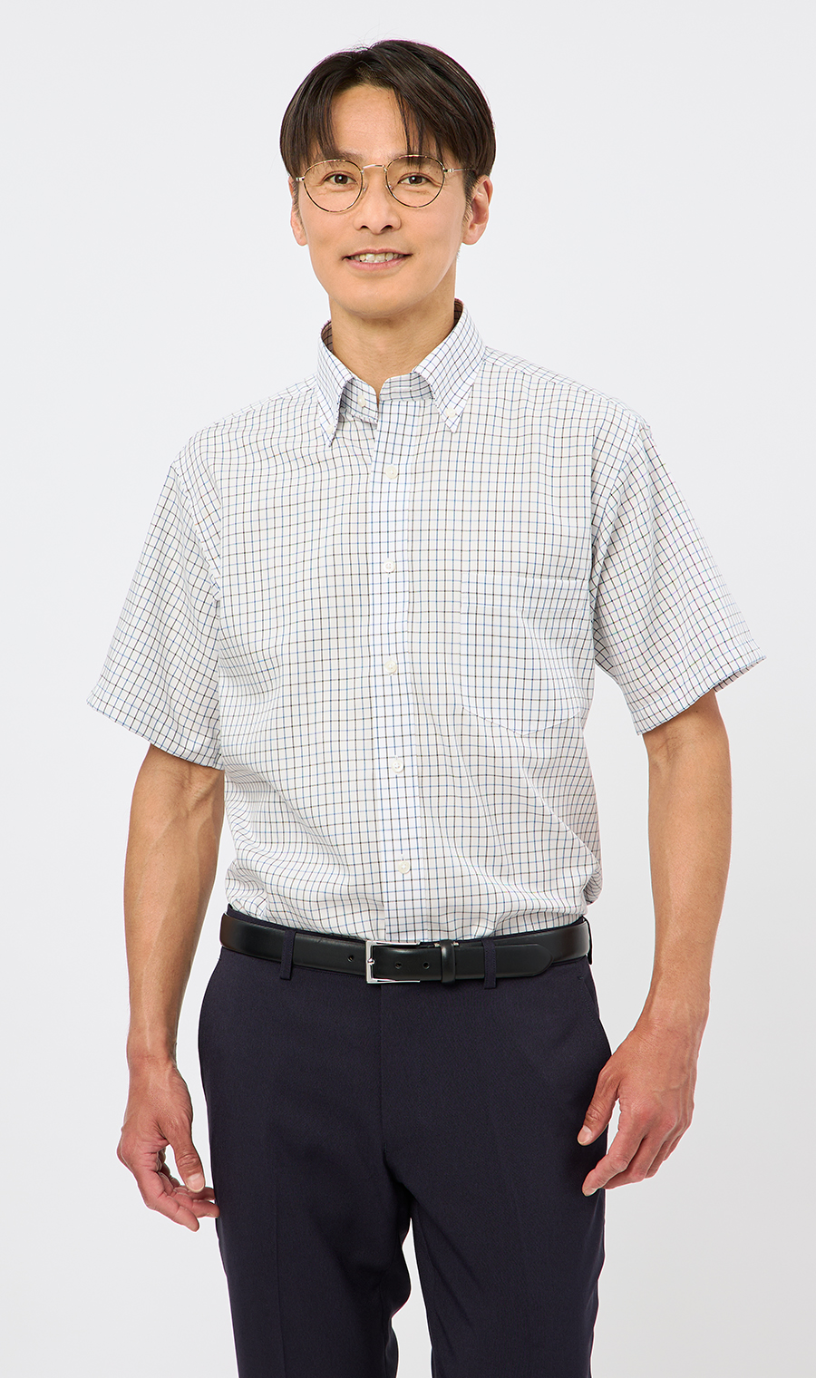 ボタンダウンチェックシャツ【SUPER EASY IRON】 ブルー M