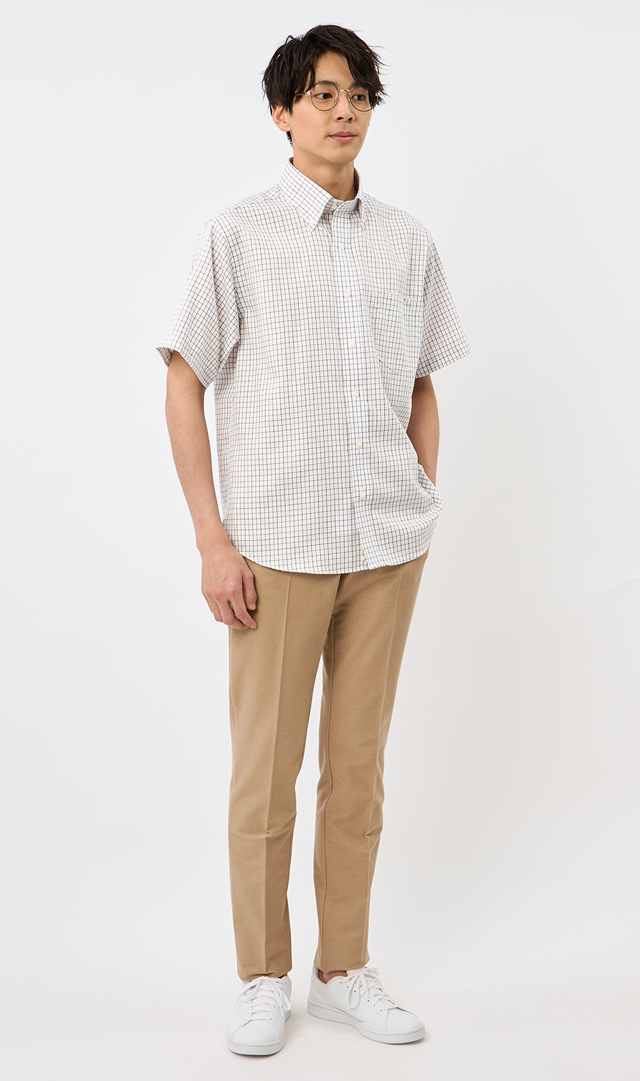 ボタンダウンチェックシャツ【SUPER EASY IRON】 ブラウン M