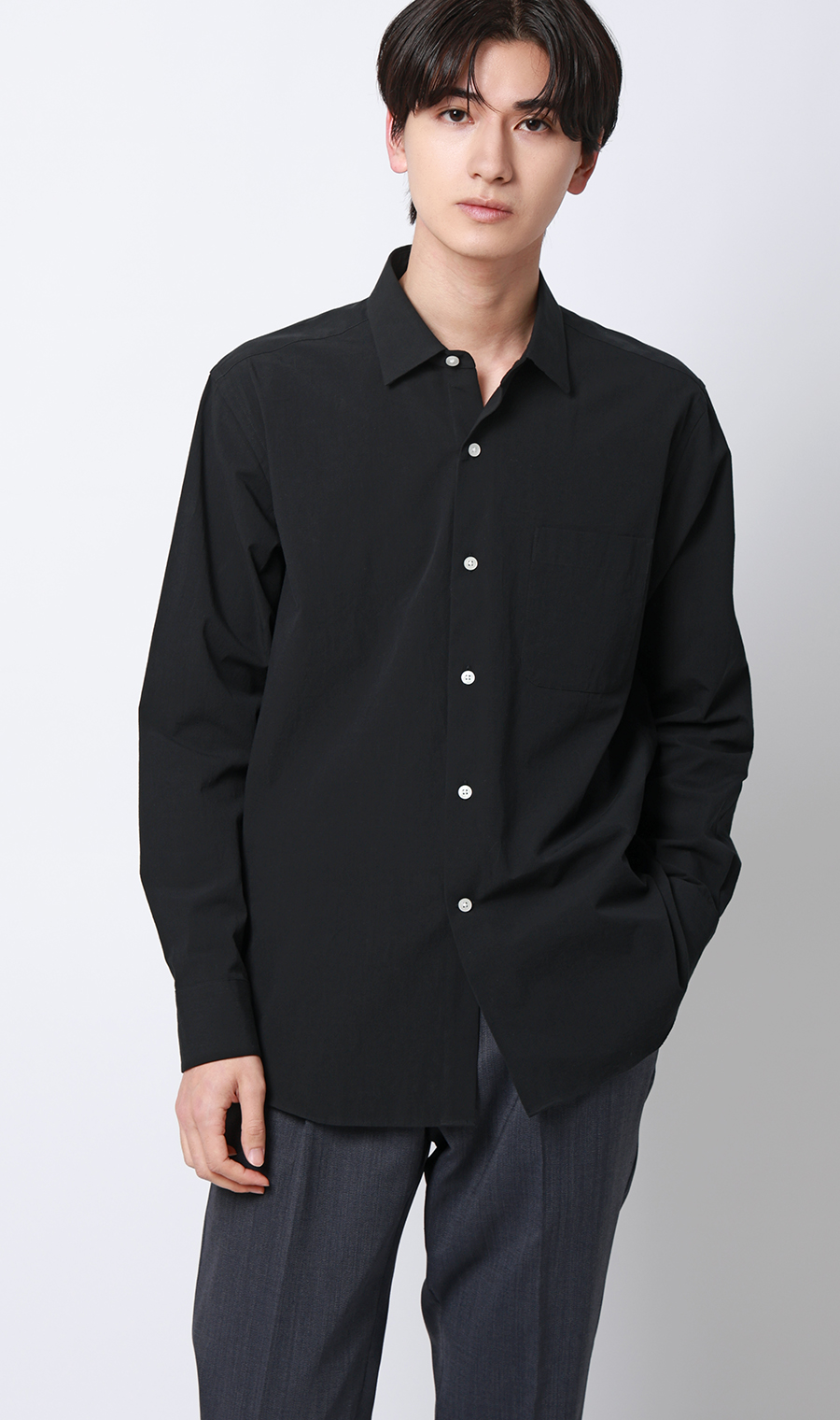 レギュラーカラーシャツ【リネン混】 ブラック S