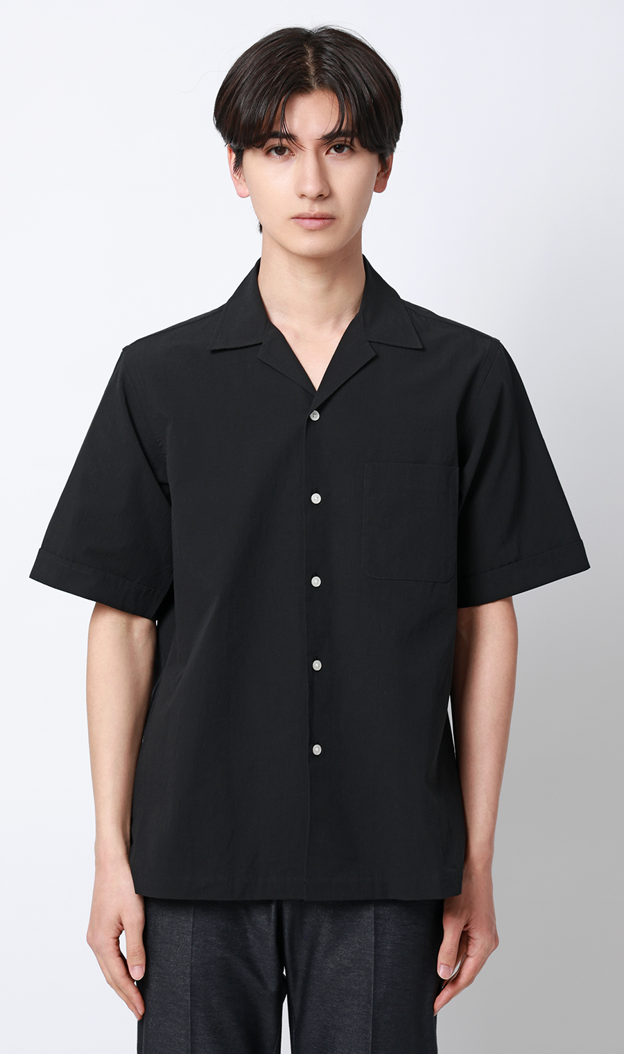 オープンカラーシャツ【半袖】【リネン混】 ブラック S