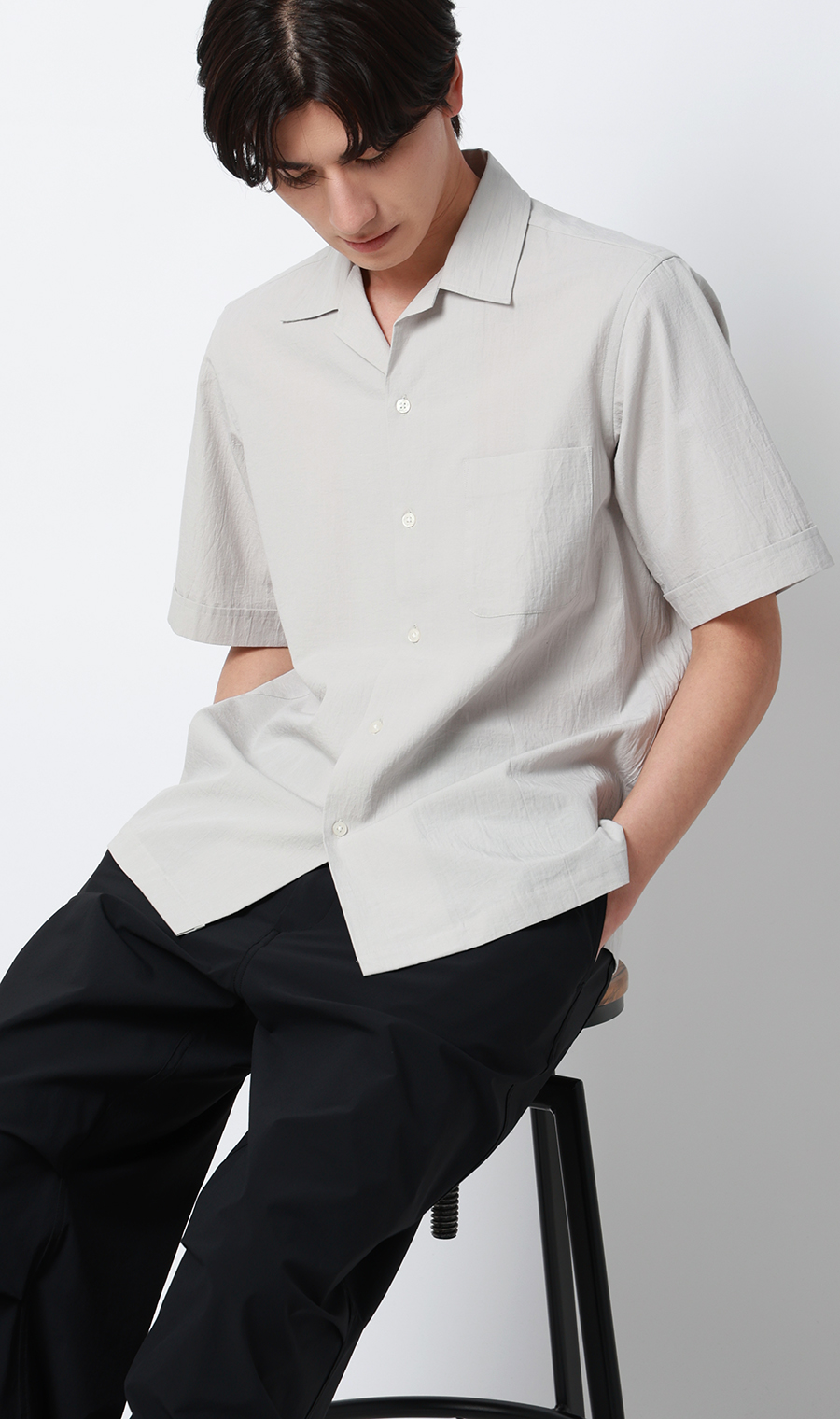 オープンカラーシャツ【半袖】【リネン混】 ライトグレー S