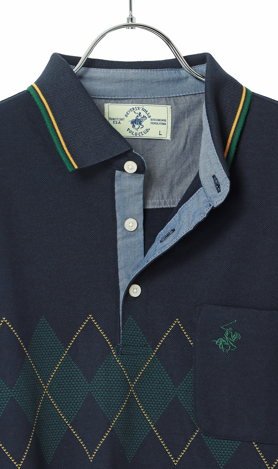裏起毛鹿の子リブ襟ポロシャツ【BEVERLY HILLS POLO CLUB】 ネイビー M