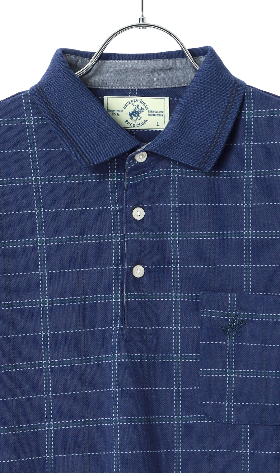 裏起毛鹿の子リブ襟ポロシャツ【BEVERLY HILLS POLO CLUB】 ブルー M