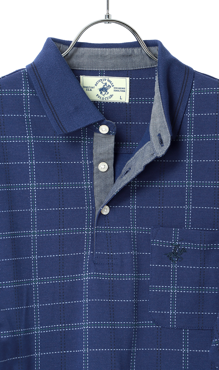 裏起毛鹿の子リブ襟ポロシャツ【BEVERLY HILLS POLO CLUB】 ブルー M