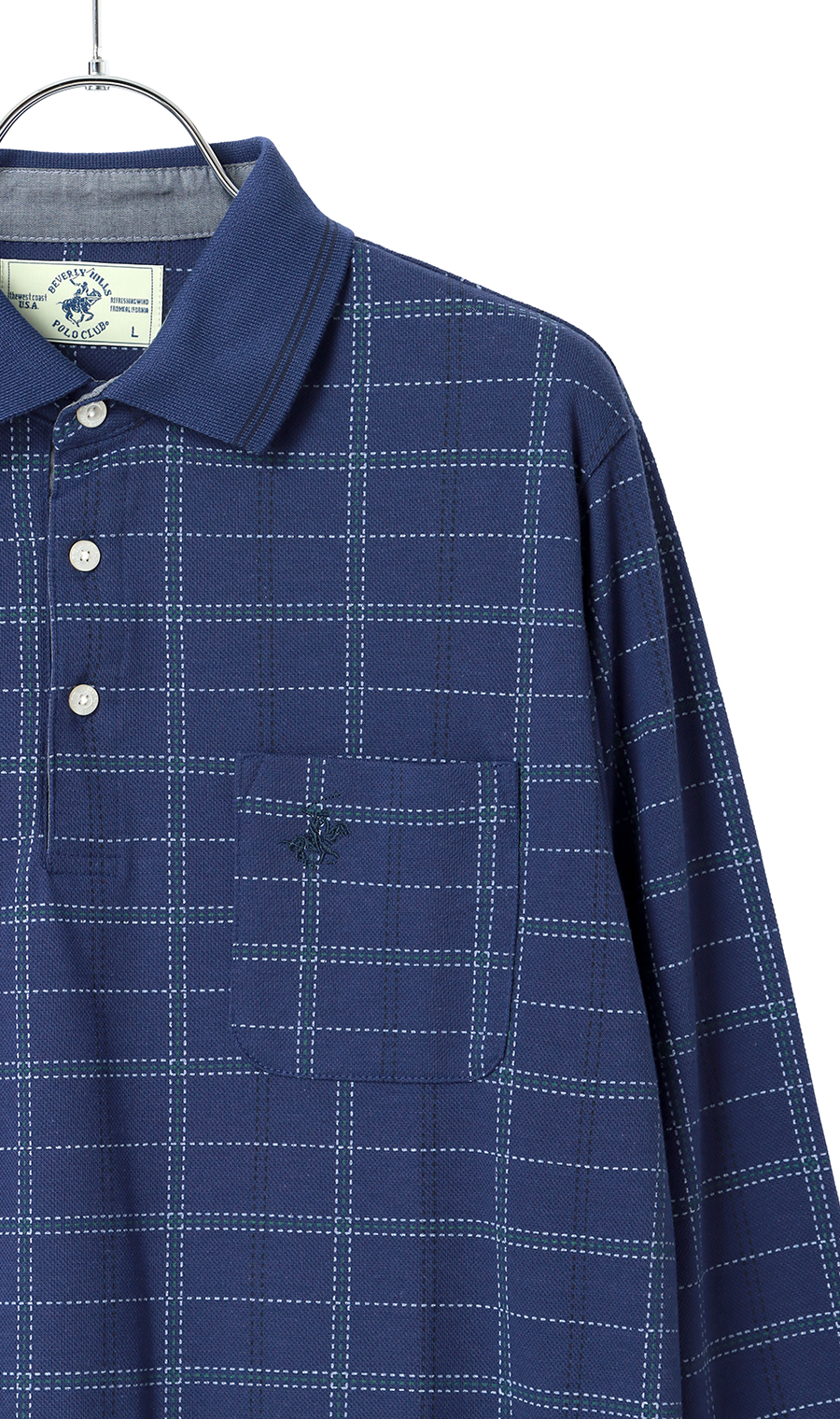 裏起毛鹿の子リブ襟ポロシャツ【BEVERLY HILLS POLO CLUB】 ブルー M