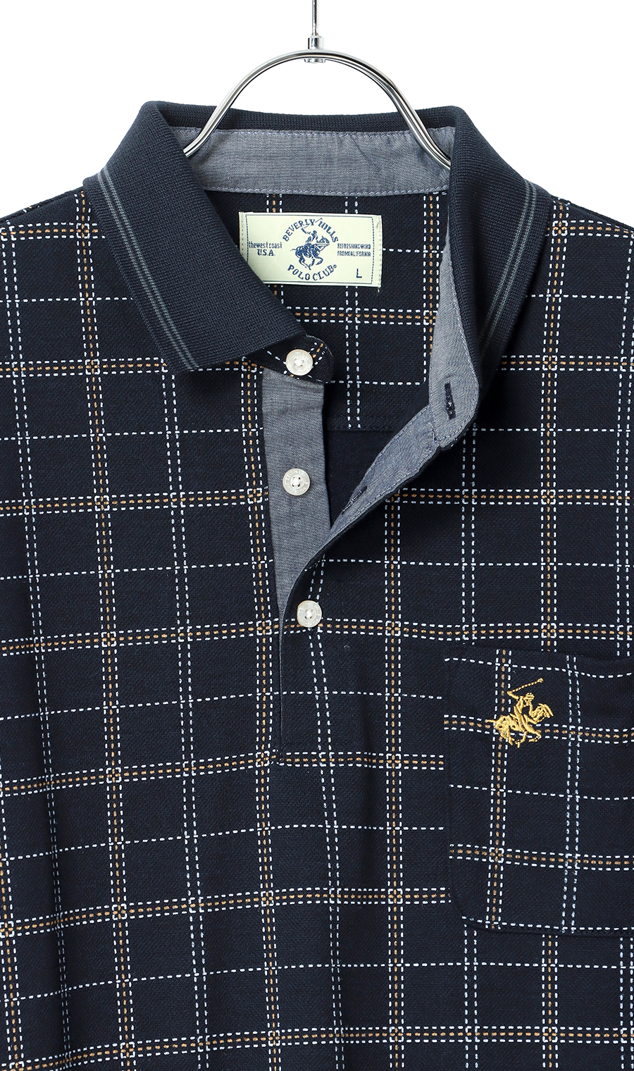 裏起毛鹿の子リブ襟ポロシャツ【BEVERLY HILLS POLO CLUB】 ネイビー M