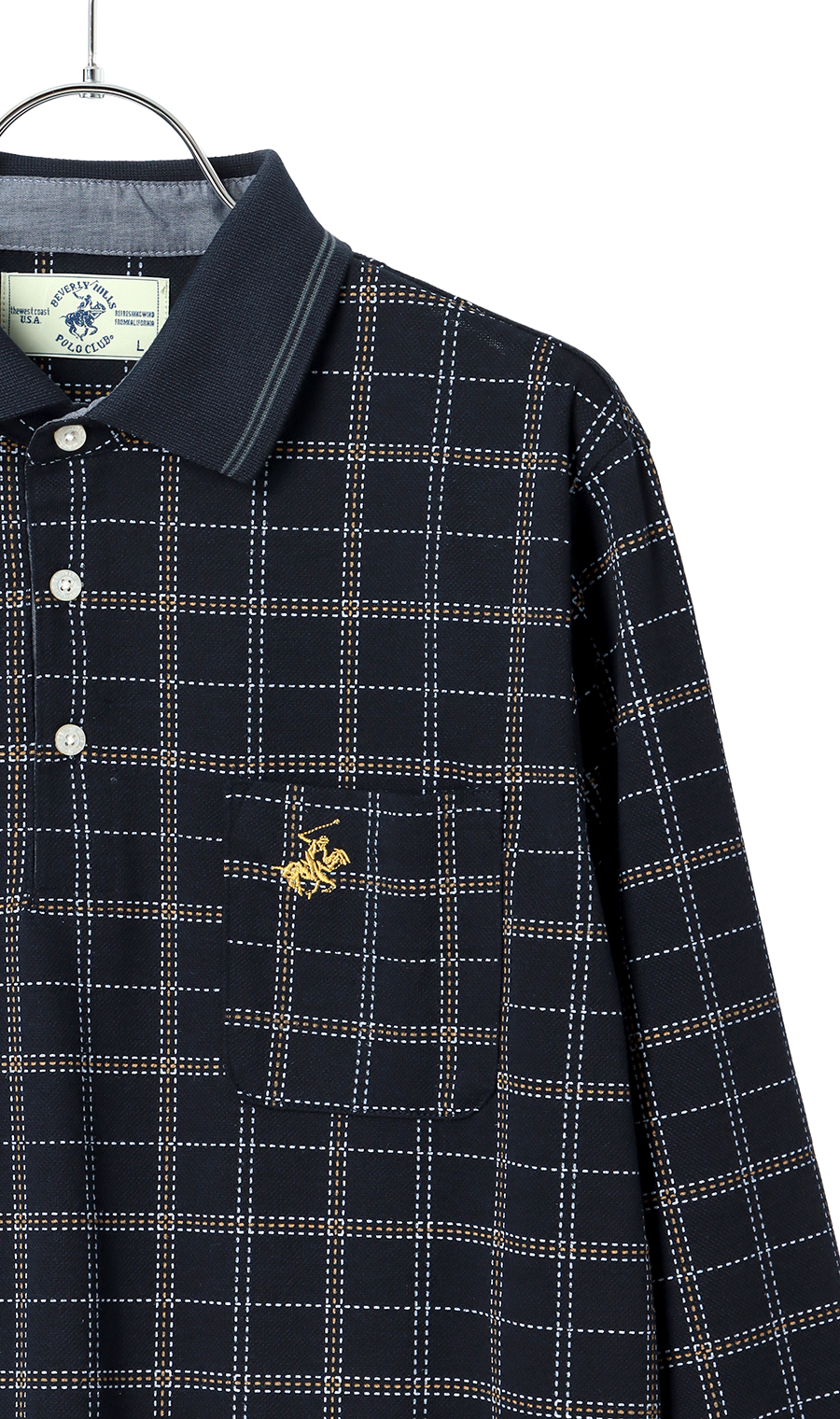 裏起毛鹿の子リブ襟ポロシャツ【BEVERLY HILLS POLO CLUB】 ネイビー M