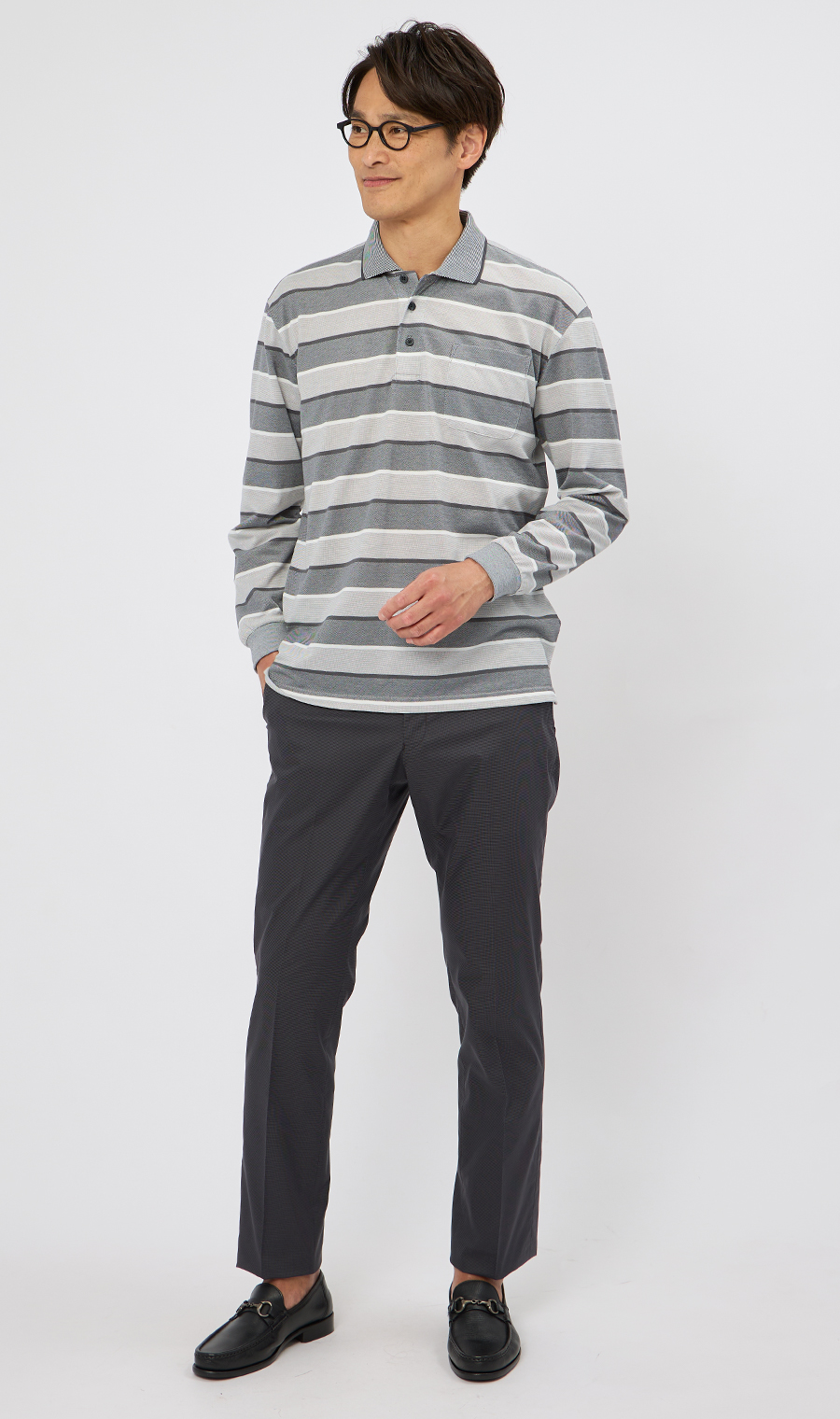 鹿の子ボーダーポロシャツ【REGAL】 グレー M