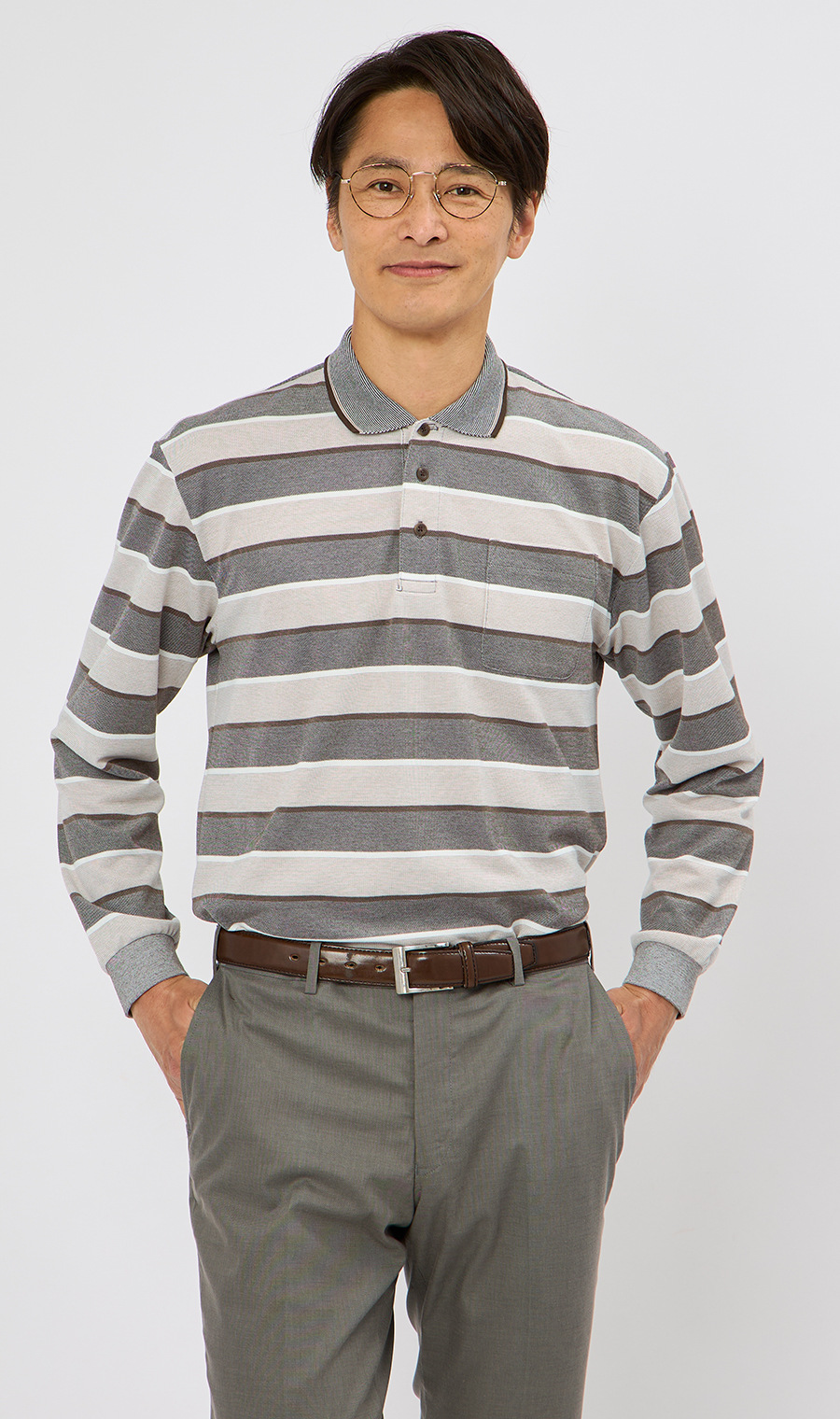 鹿の子ボーダーポロシャツ【REGAL】 ブラウン M