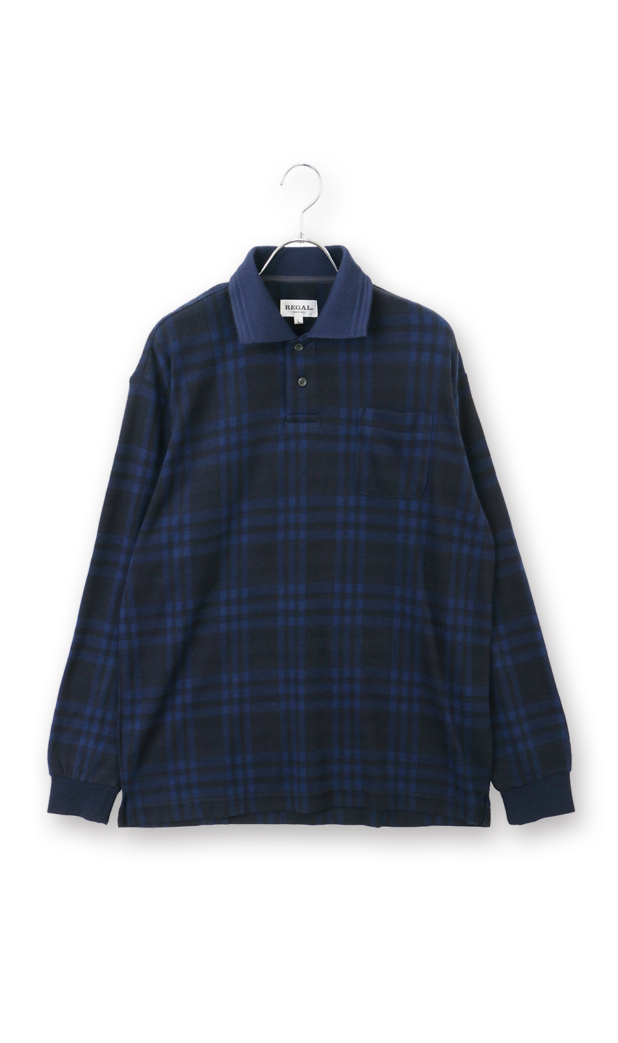 ウールライクチェックポロシャツ【長袖】 ブルー M