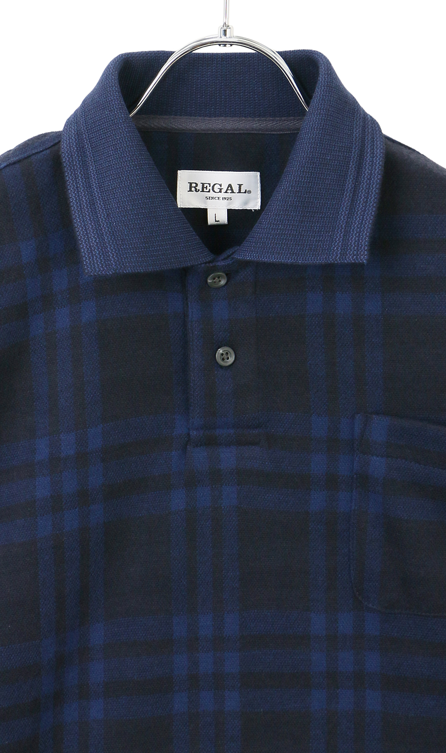 ウールライクチェックポロシャツ【長袖】 ブルー M