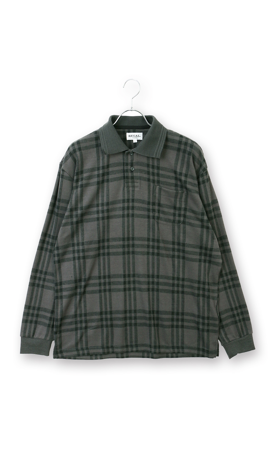 ウールライクチェックポロシャツ【長袖】 グレー M