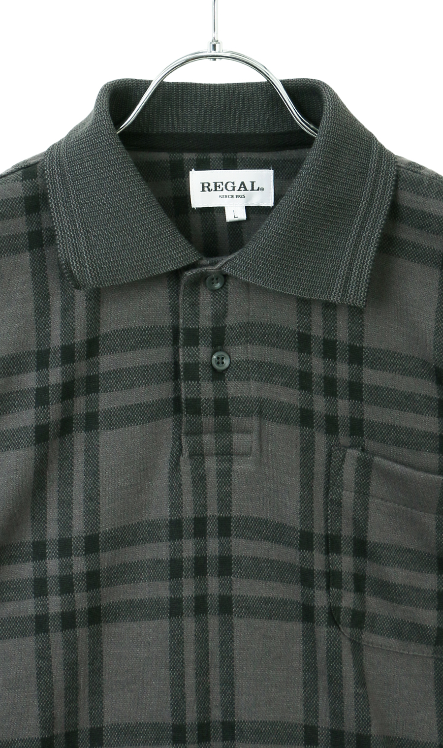 ウールライクチェックポロシャツ【長袖】 グレー M