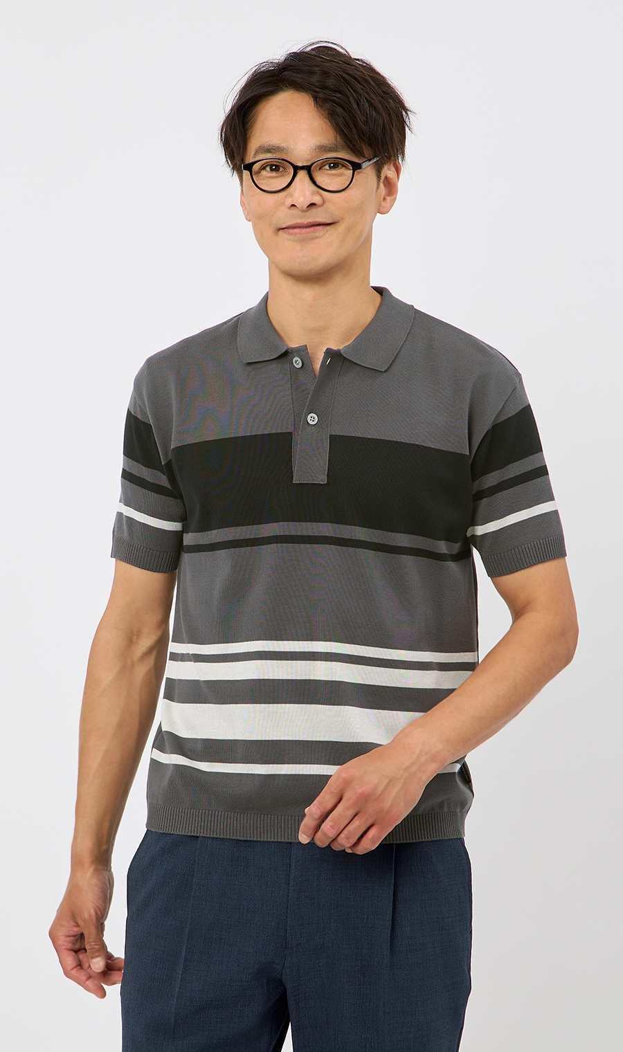 ボーダーニットポロシャツ【日本製】 グレー M