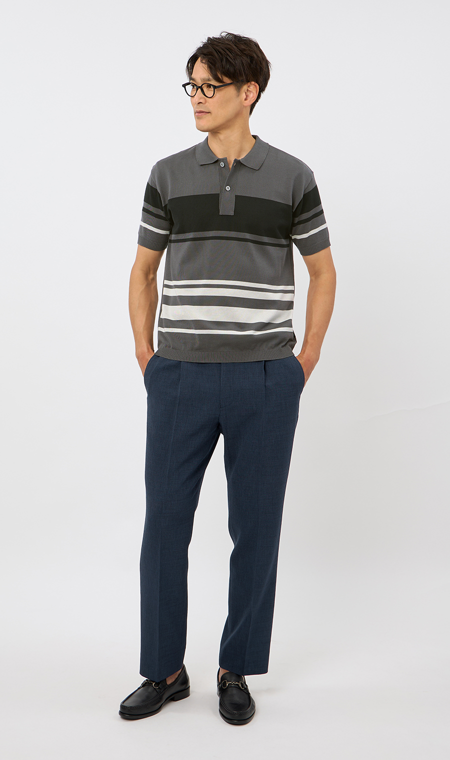 ボーダーニットポロシャツ【日本製】 グレー M