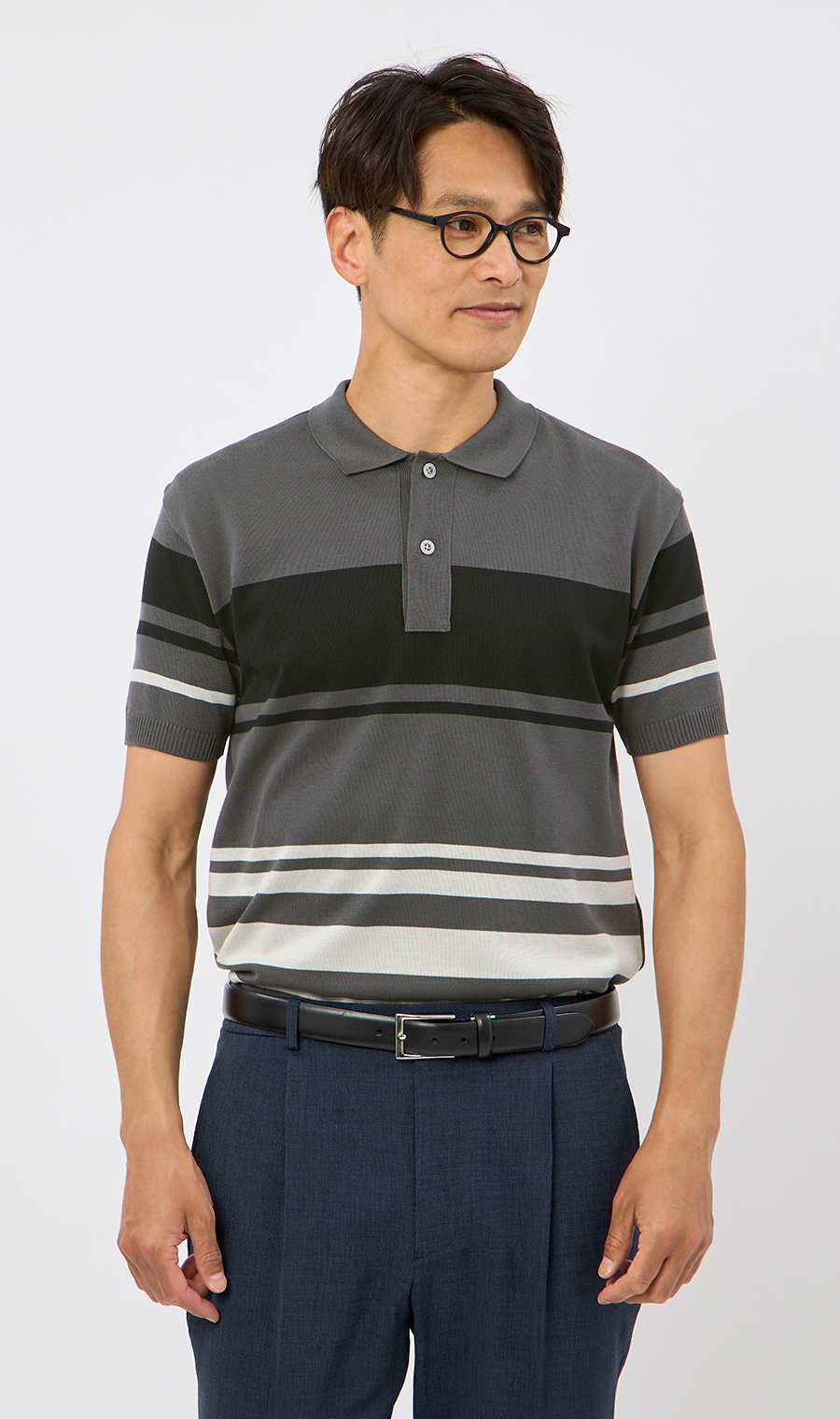 ボーダーニットポロシャツ【日本製】 グレー M