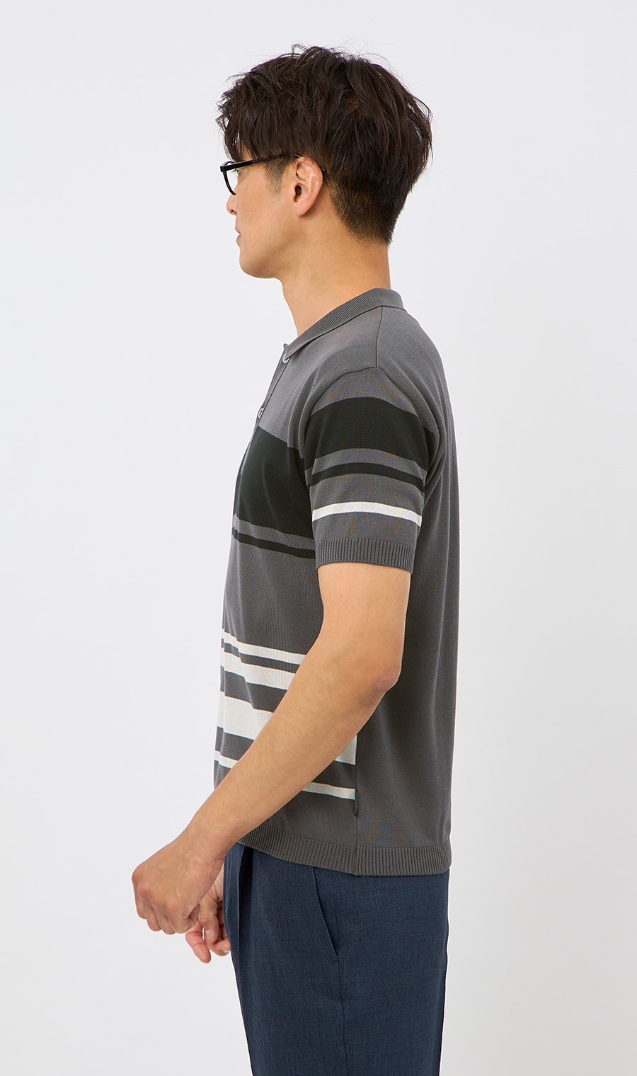 ボーダーニットポロシャツ【日本製】 グレー M