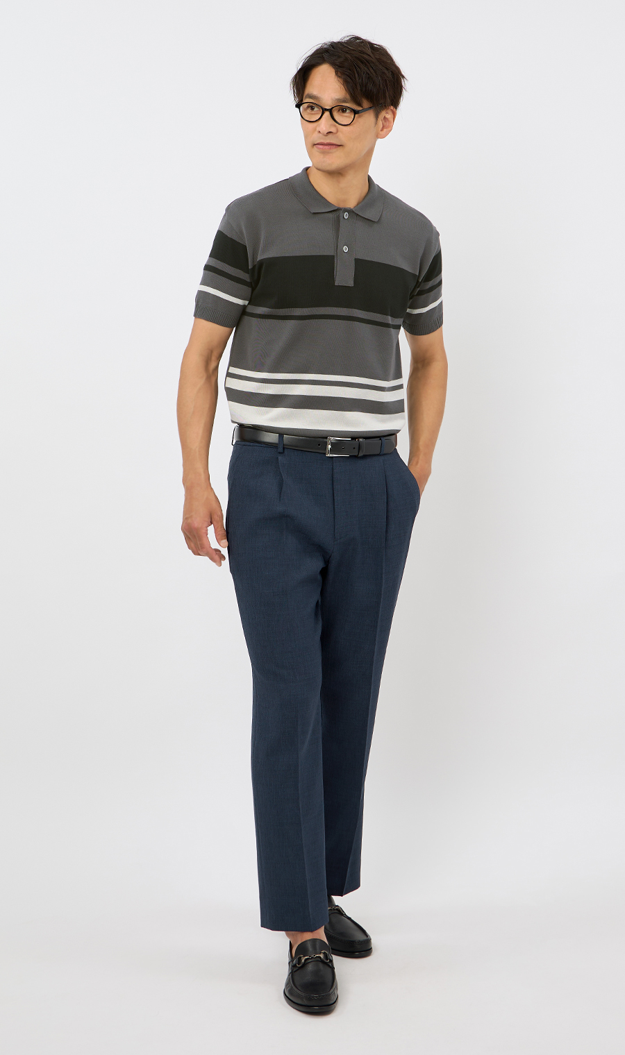 ボーダーニットポロシャツ【日本製】 グレー M