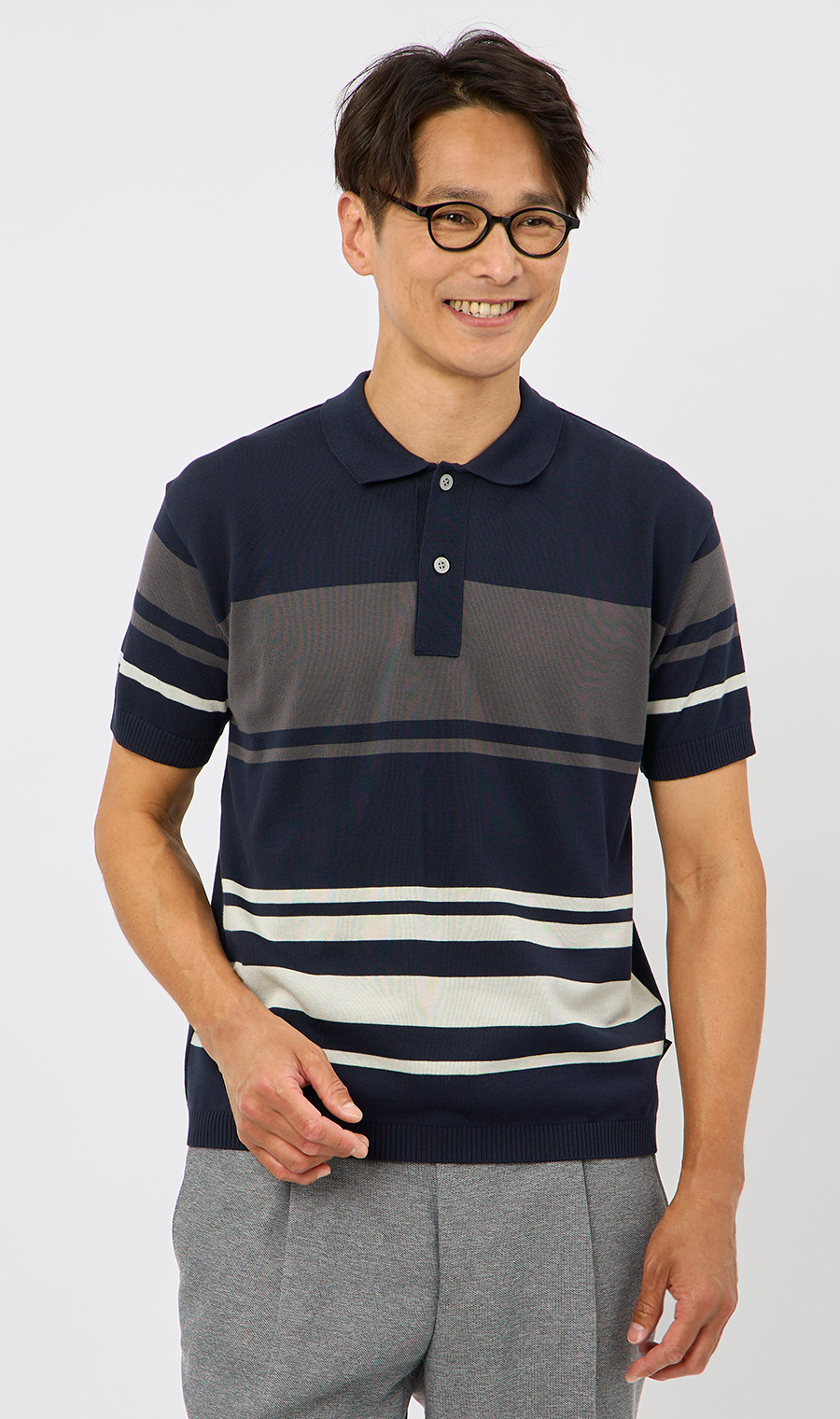 ボーダーニットポロシャツ【日本製】 ネイビー M