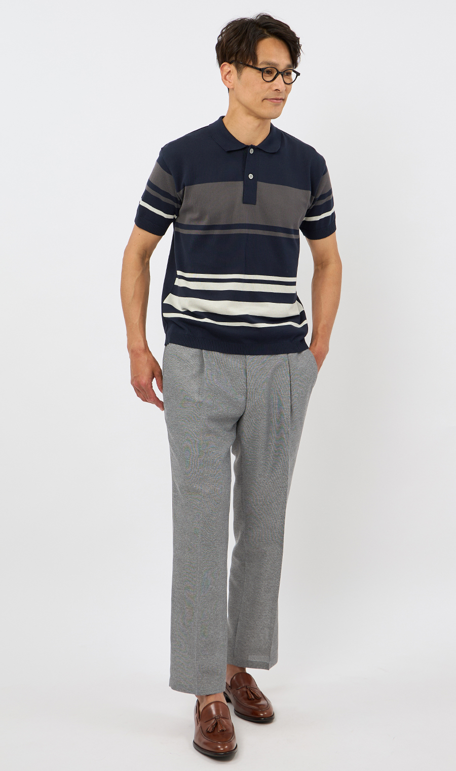 ボーダーニットポロシャツ【日本製】 ネイビー M