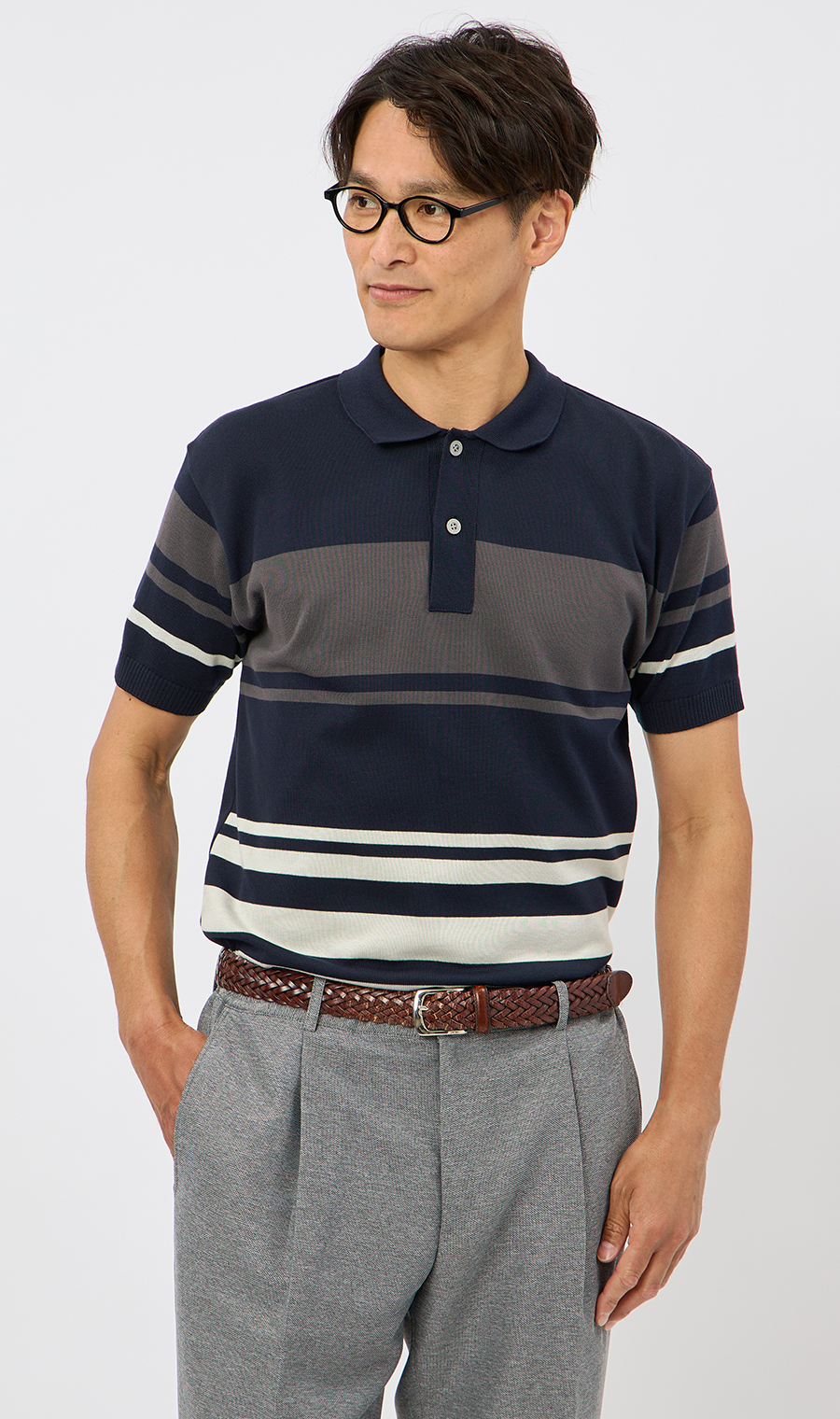 ボーダーニットポロシャツ【日本製】 ネイビー M
