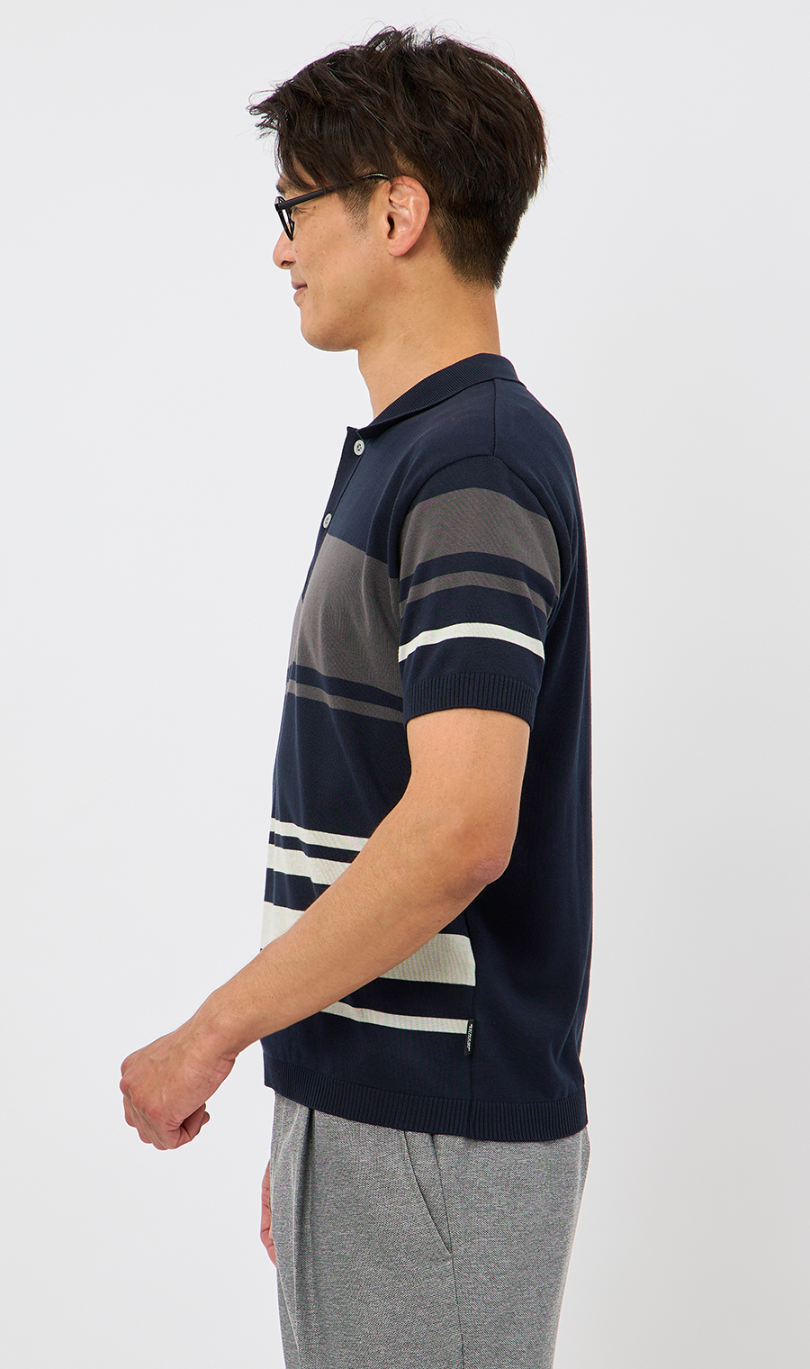ボーダーニットポロシャツ【日本製】 ネイビー M