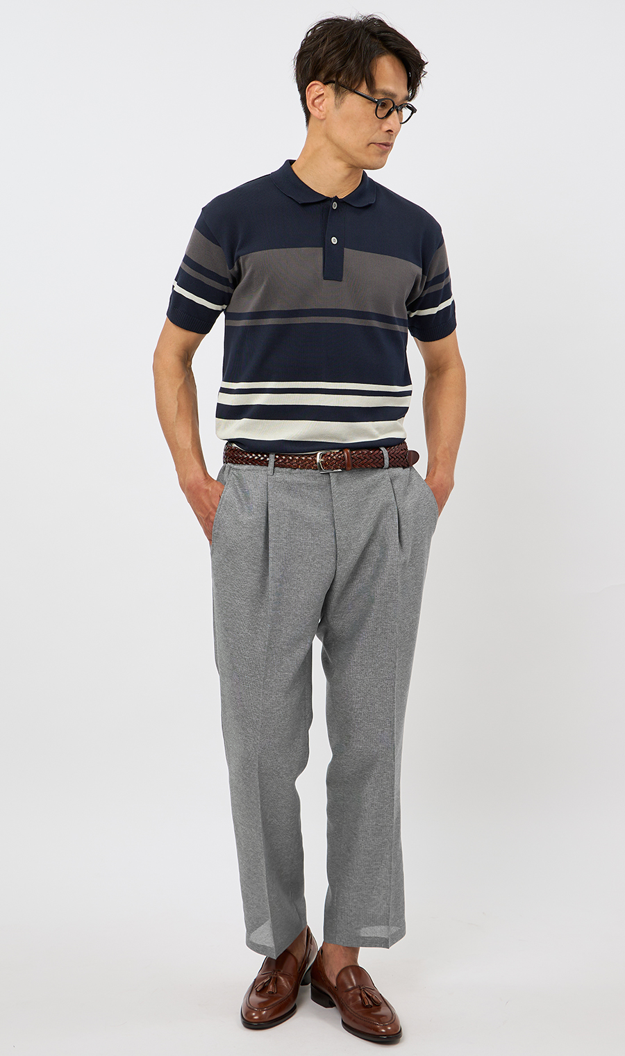 ボーダーニットポロシャツ【日本製】 ネイビー M