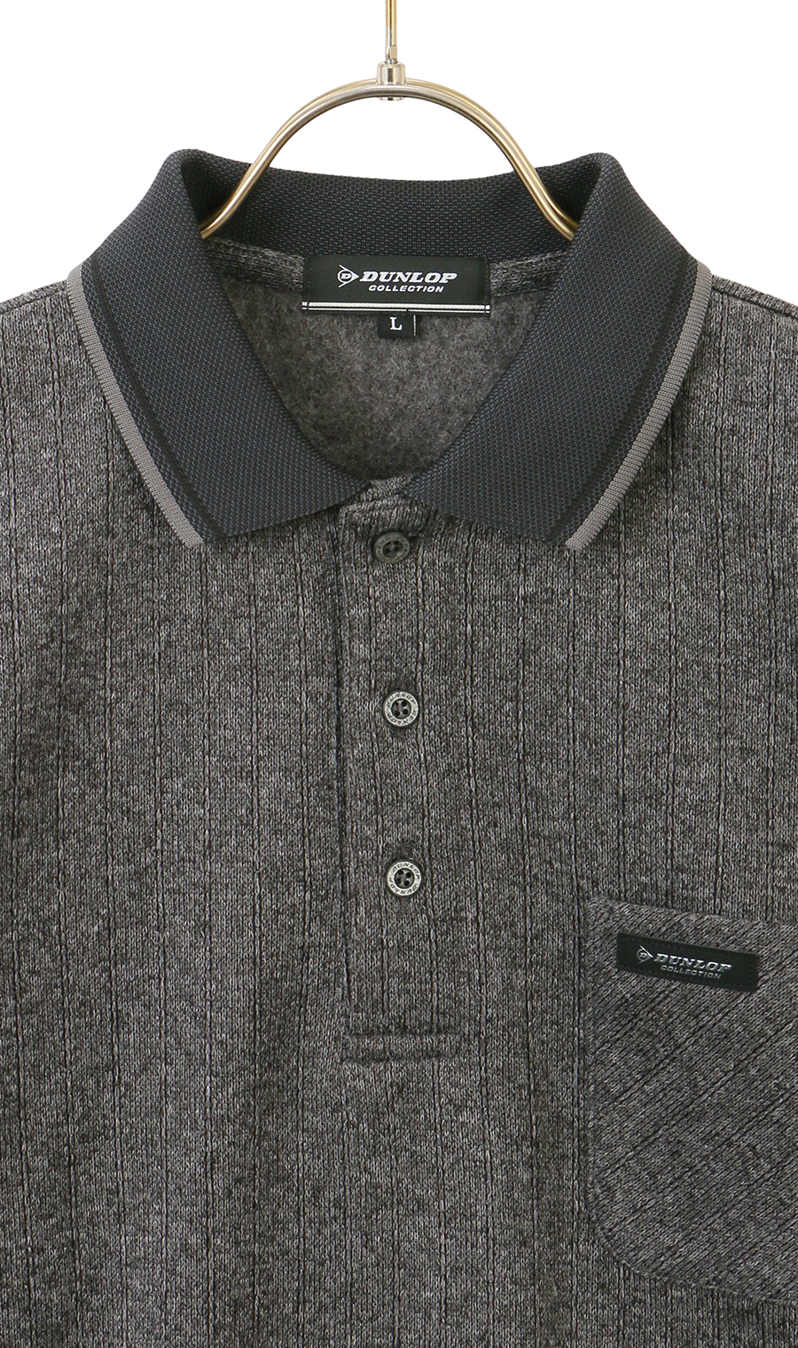 ジャガードストライプ裏起毛ポロシャツ【日本製】 チャコール 3L