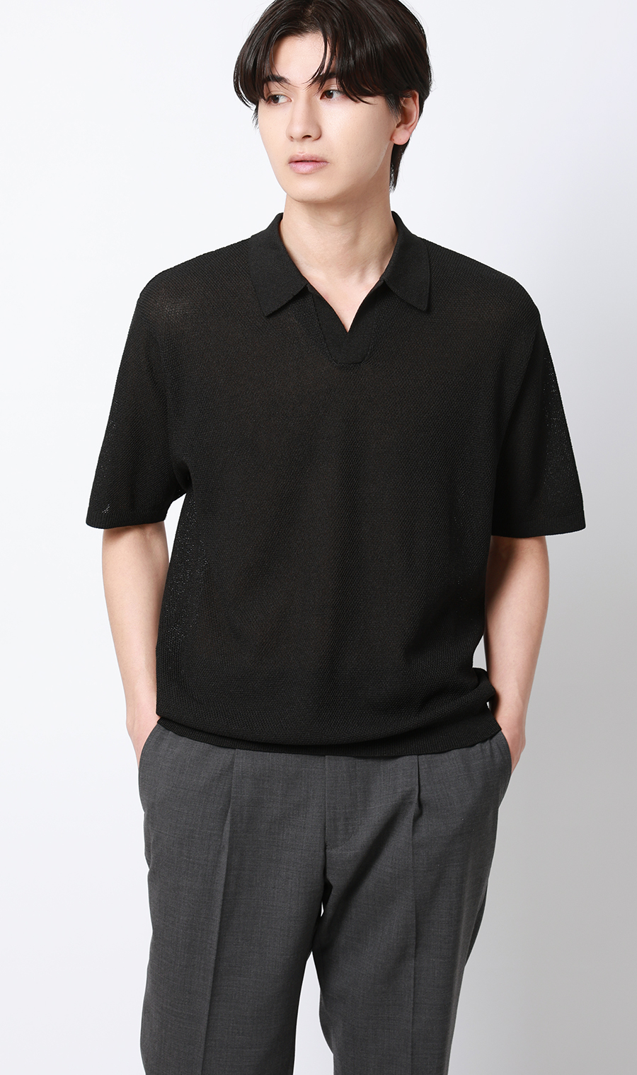 スキッパーニットポロシャツ【和紙混カノコ】 ブラック S