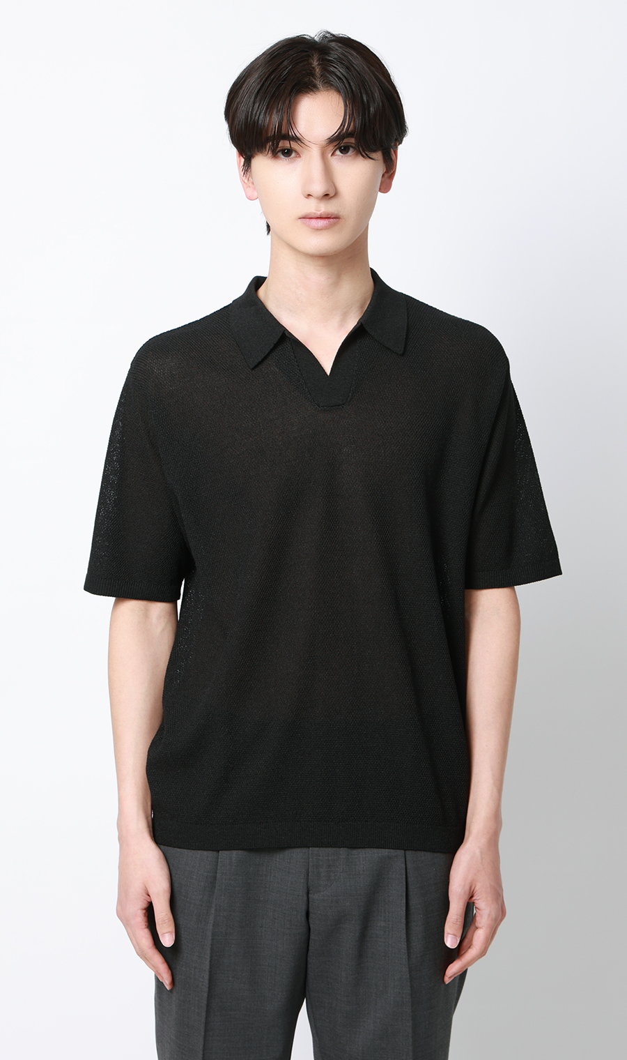 スキッパーニットポロシャツ【和紙混カノコ】 ブラック S