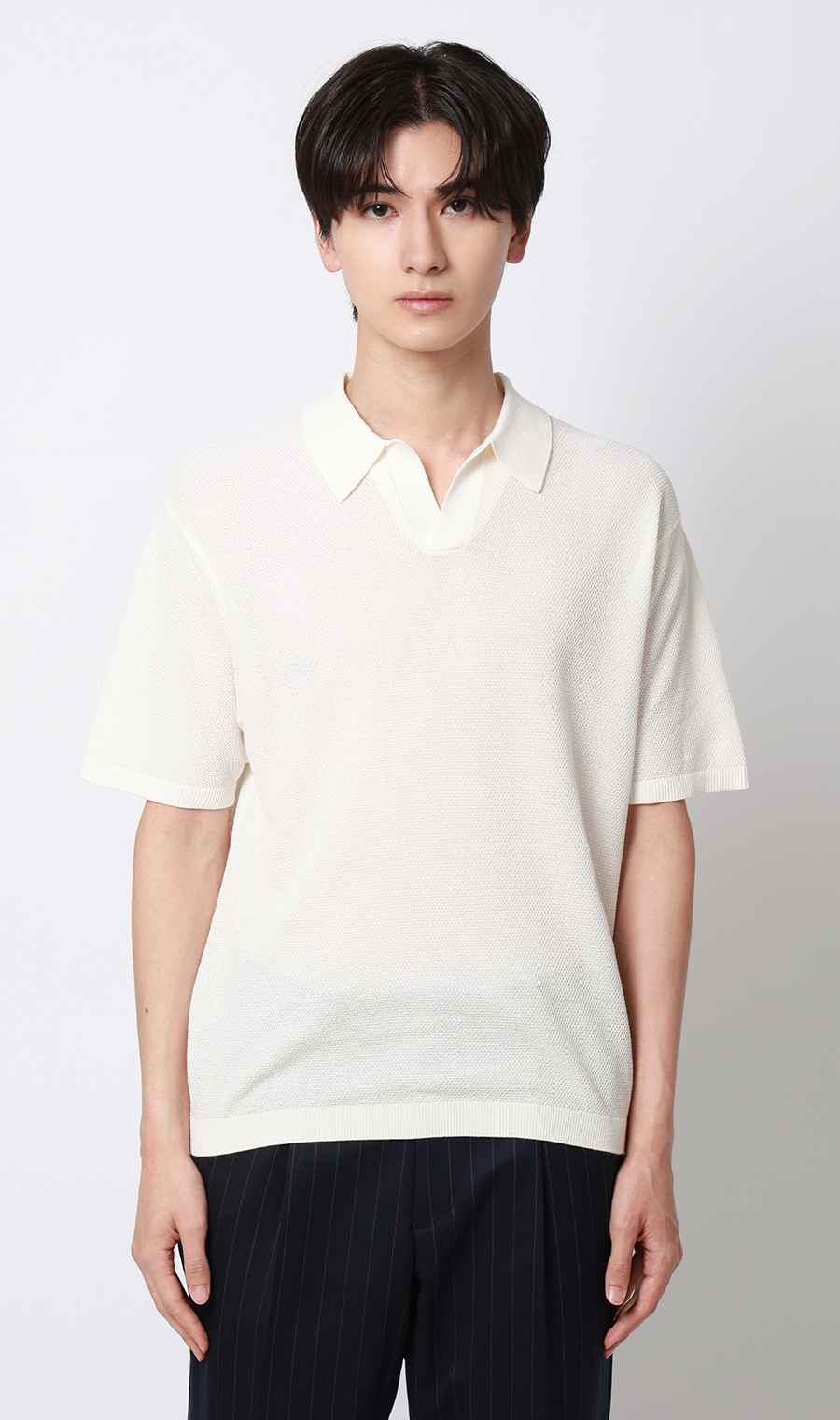 スキッパーニットポロシャツ【和紙混カノコ】 ホワイト S