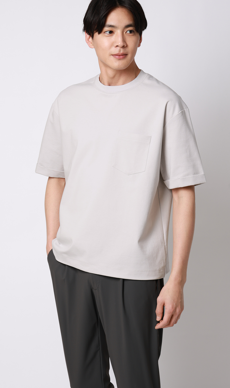 ポンチ裾ドローコードTシャツ【半袖】 ライトグレー S