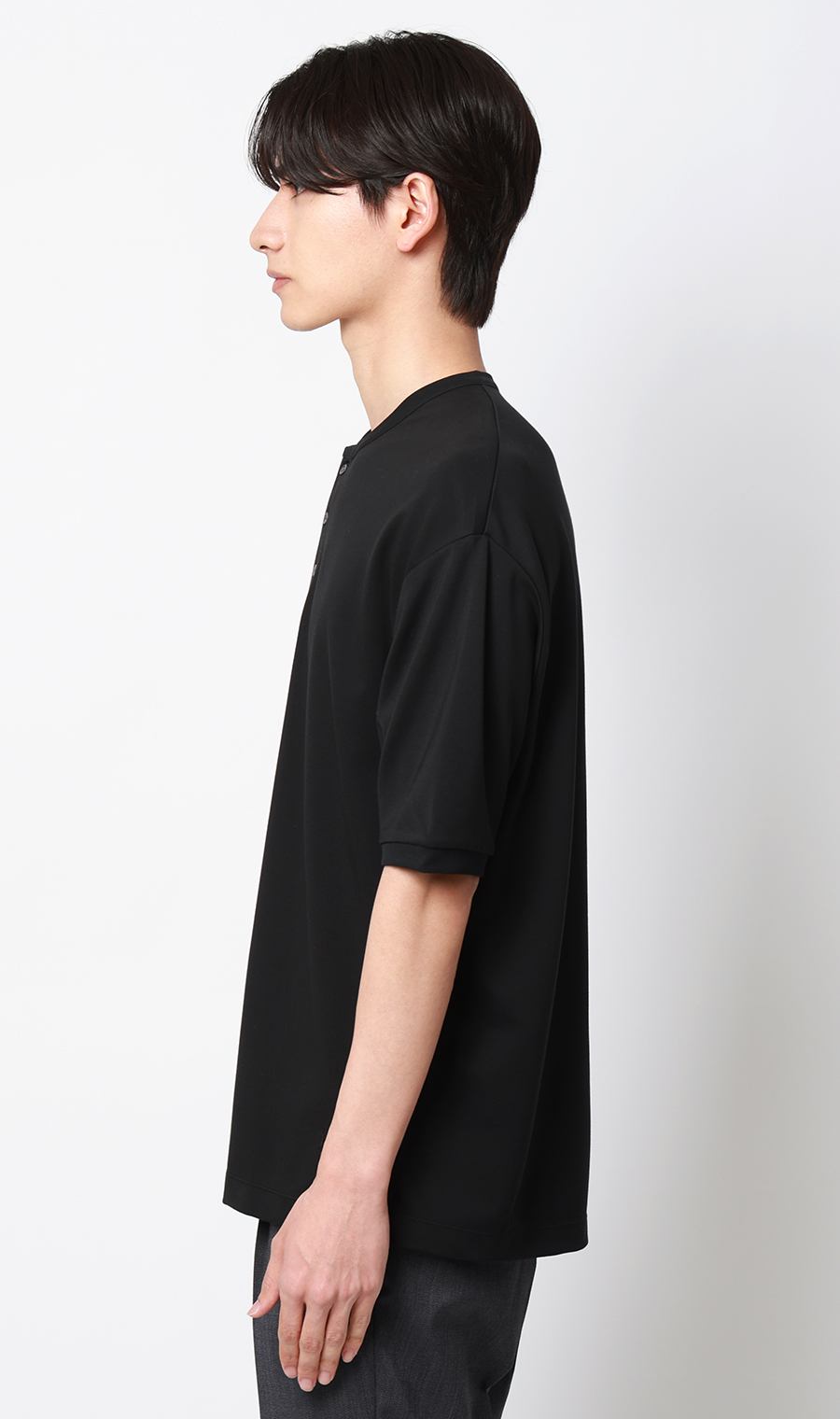 ポンチヘンリーネックTシャツ ブラック S