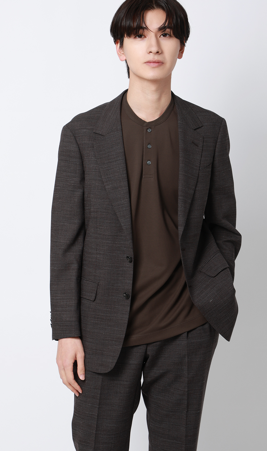 ポンチヘンリーネックTシャツ ブラウン S