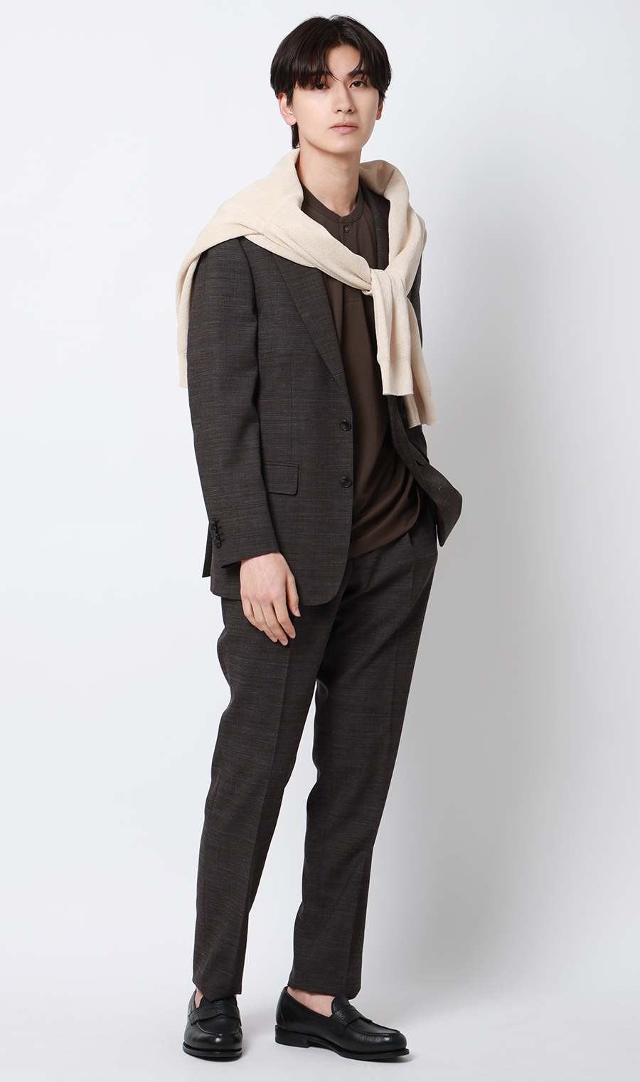 ポンチヘンリーネックTシャツ ブラウン S