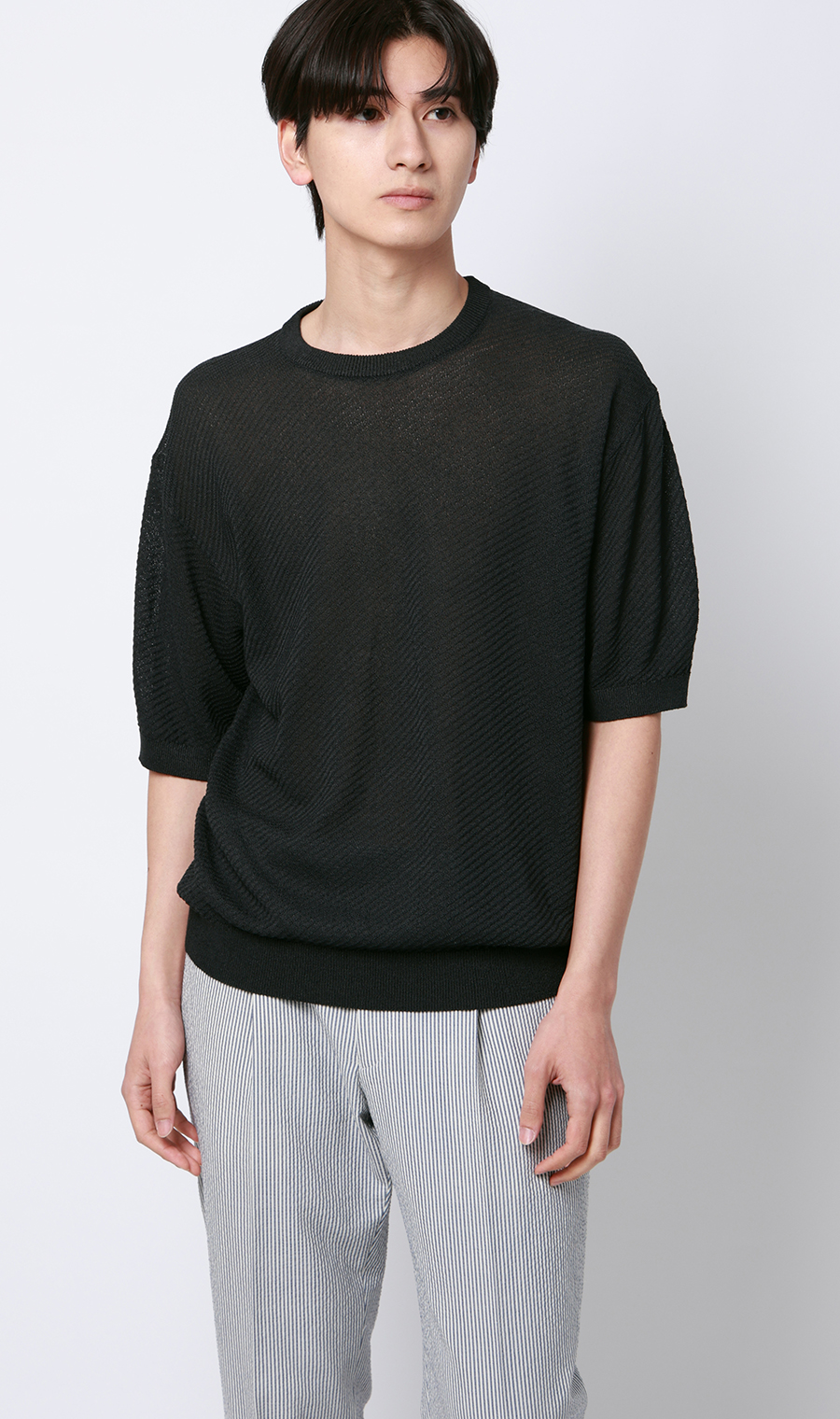 ニットクルーネックTシャツ【和紙】 ブラック S