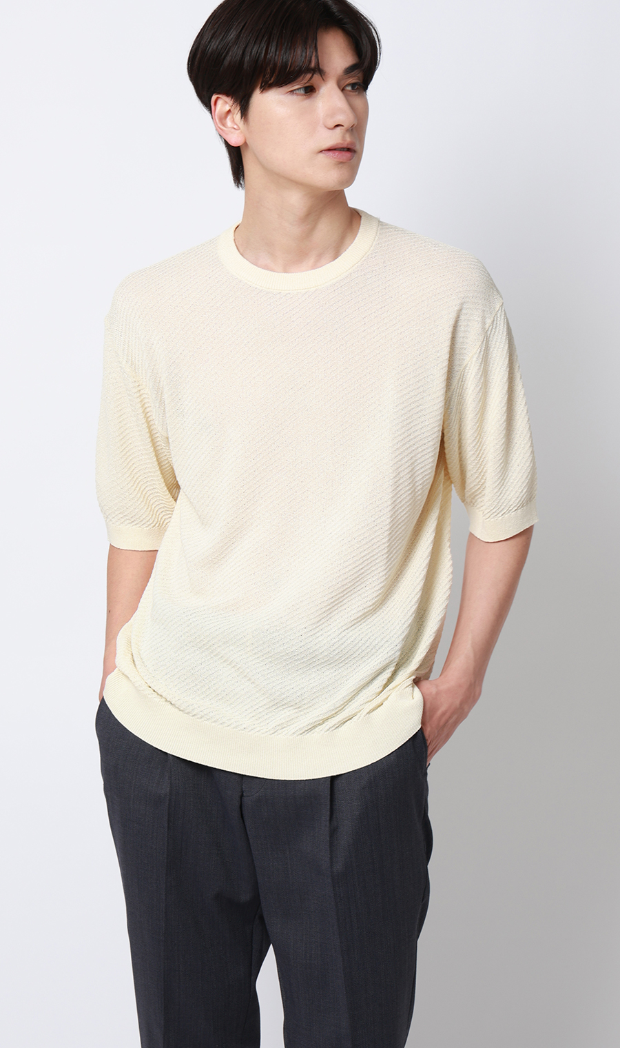 ニットクルーネックＴシャツ【和紙】 オフ S